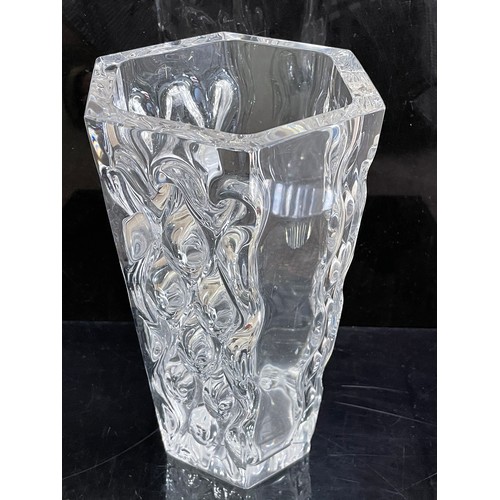 1706 - 2 ORREFORS clear glass vases and another bark style vase, Orrefors vases with makers marks, tallest