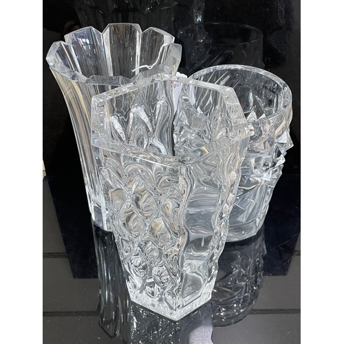 1706 - 2 ORREFORS clear glass vases and another bark style vase, Orrefors vases with makers marks, tallest