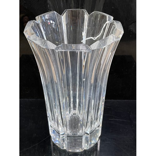 1706 - 2 ORREFORS clear glass vases and another bark style vase, Orrefors vases with makers marks, tallest