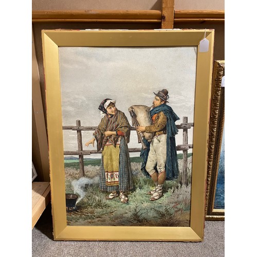 2192 - Philippo Indoni, watercolour, Italian travelling musician and woman, signed, 75cm x 53cm, framed