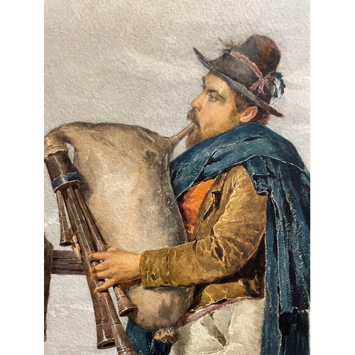 2192 - Philippo Indoni, watercolour, Italian travelling musician and woman, signed, 75cm x 53cm, framed