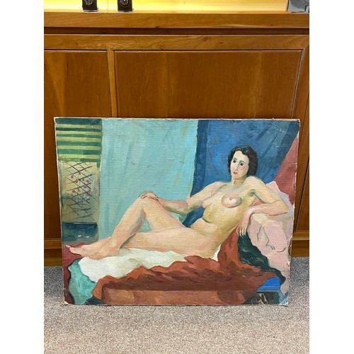 2262 - Bloomsbury School, mid-20th century oil on canvas laid on board, reclining nude, unsigned, 63cm x 76... 
