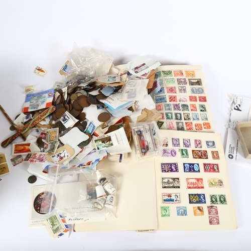 88 - Various Vintage world postage stamps, coins, thimbles and Mauchline Ware desk set (boxful)