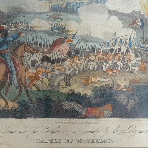 1805 - 19th century hand coloured engraving, Battle of Waterloo, image 15cm x 26cm, framed