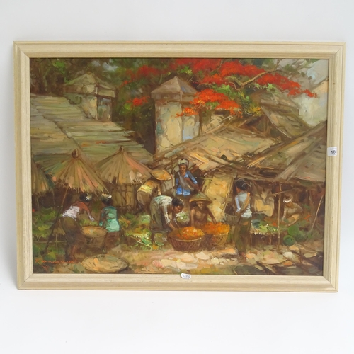 1809 - A modern oil on board, African market scene, overall 61cm x 80cm, framed