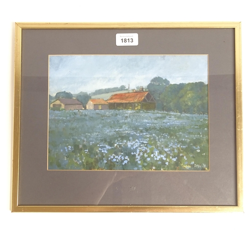 1813 - Bell, gouache on paper, flax field at Bonnington, signed and dated '78, 20cm x 28cm, framed