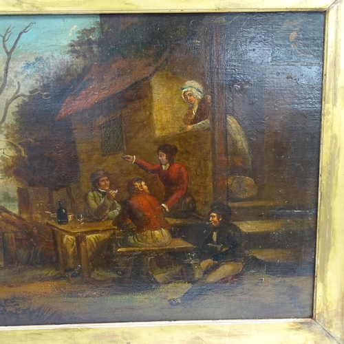 1822 - An 18th century oil on wood panel, figures outside a tavern, overall 71cm x 91cm, framed