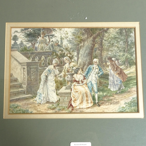 1848 - Evangeline, watercolour, Regency figures on a terrace, signed and dated 1884, 17cm x 24cm, framed