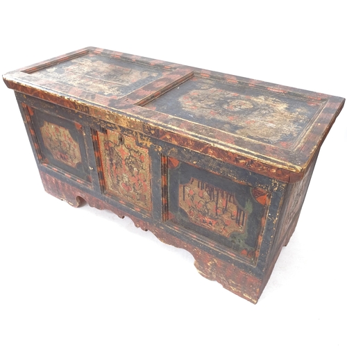 2068 - An early 19th century painted pine North European dowry chest, interior with candle box and hidden c... 