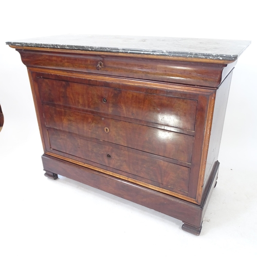 2073 - A 19th century French walnut chest, with speckled grey and white marble top, having 4 long and 1 con... 