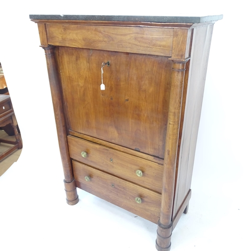 2076 - A French walnut marble-top escritoire, the fall-front revealing a fitted interior with 2 long drawer... 