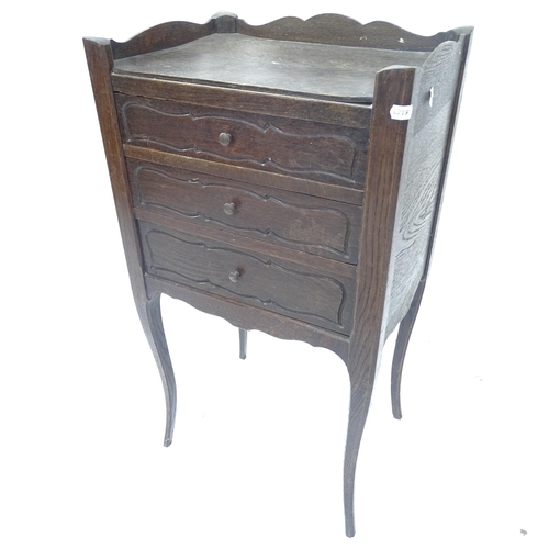 2086 - A French oak 3-drawer bedside chest , W39cm, H71cm, D31cm