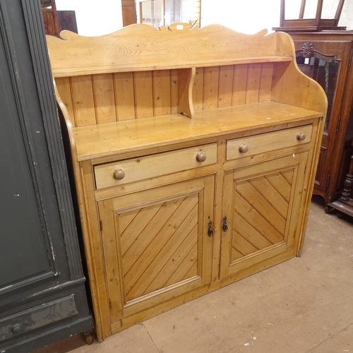 2090 - An Antique polished pine sideboard, with raised back, 2 frieze drawers and cupboard under, W152cm, H... 