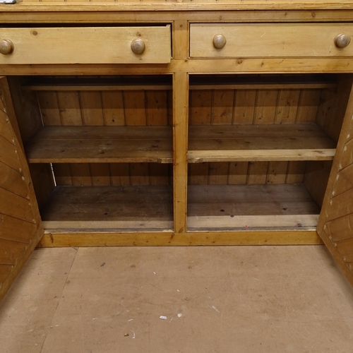 2090 - An Antique polished pine sideboard, with raised back, 2 frieze drawers and cupboard under, W152cm, H... 