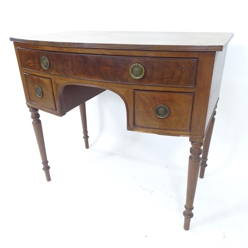 2091 - A 19th century mahogany bow-front kneehole desk, with 3 drawers, on turned legs, W92cm, H82cm, D56cm