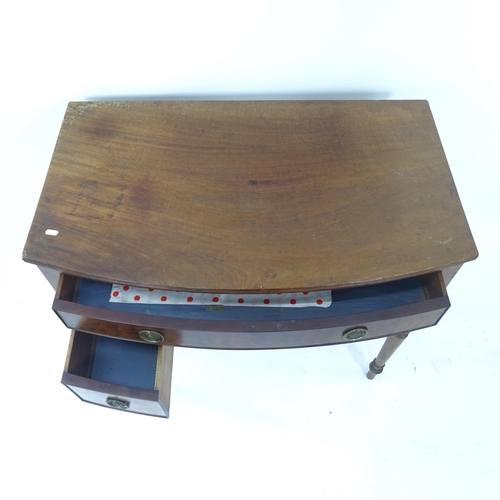 2091 - A 19th century mahogany bow-front kneehole desk, with 3 drawers, on turned legs, W92cm, H82cm, D56cm