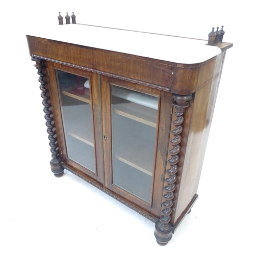 2099 - An Antique marble-topped mahogany buffet, with 2 glazed doors and barley twist pilasters, W93cm, H93... 