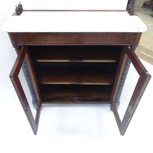 2099 - An Antique marble-topped mahogany buffet, with 2 glazed doors and barley twist pilasters, W93cm, H93... 