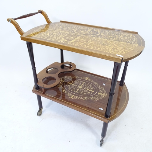 2111 - An Italianate 2-tier drinks/cocktail trolley, with  inlaid foliated decoration, L80cm, H76cm, D43cm