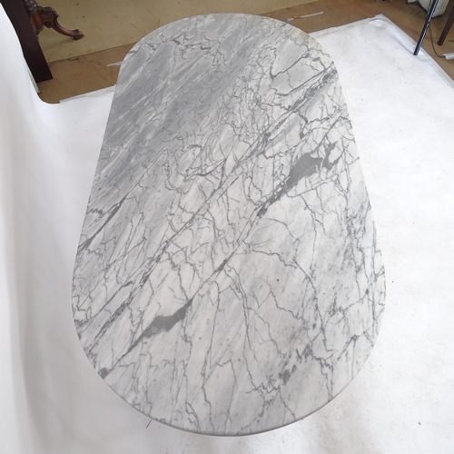 2123 - An oval marble-topped garden table, on cast-iron frame, L120cm, H71cm, D60cm