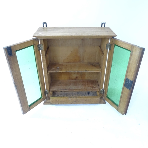 2130 - A Vintage pine 2-door hanging cabinet, with green glazed doors, W45cm, H50cm, D19cm (with key)