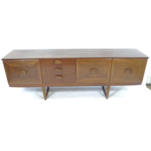 2142 - A mid-century mahogany sideboard, with 3 fitted drawers and 3 cupboards, L198cm, H73cm, D45cm