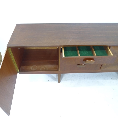 2142 - A mid-century mahogany sideboard, with 3 fitted drawers and 3 cupboards, L198cm, H73cm, D45cm