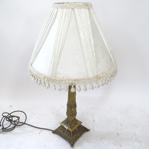 2153 - A brass column table lamp and shade, height overall 74cm