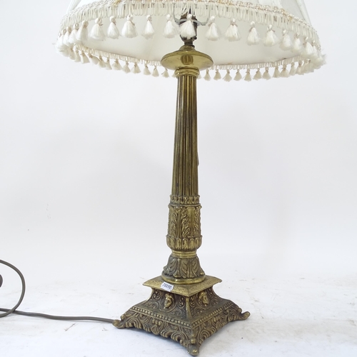 2153 - A brass column table lamp and shade, height overall 74cm