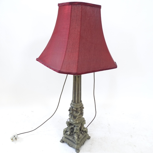 2154 - A cast-brass column table lamp and shade, height overall 85cm