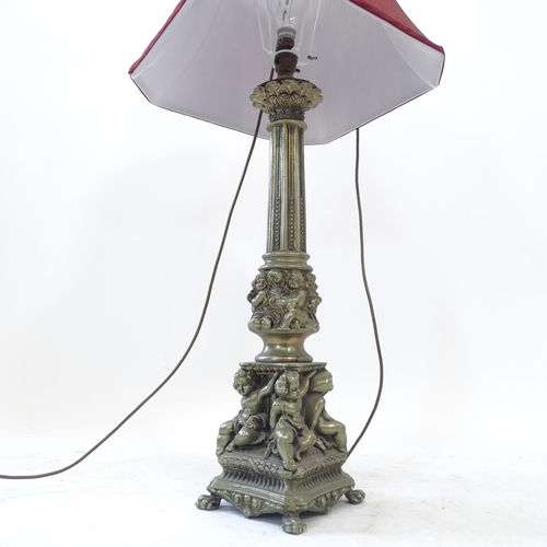 2154 - A cast-brass column table lamp and shade, height overall 85cm