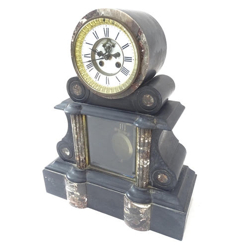 2157 - A large early 20th century black slate and marble architectural 8-day mantel clock, with drum moveme... 