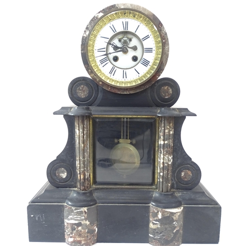 2157 - A large early 20th century black slate and marble architectural 8-day mantel clock, with drum moveme... 