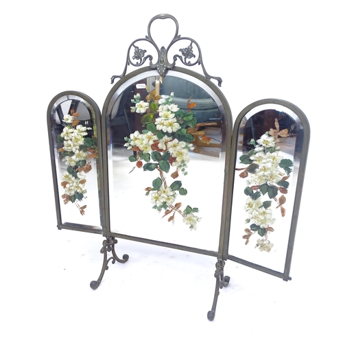 2179 - A brass-framed 3-fold dressing table mirror, with painted floral decoration, H83cm