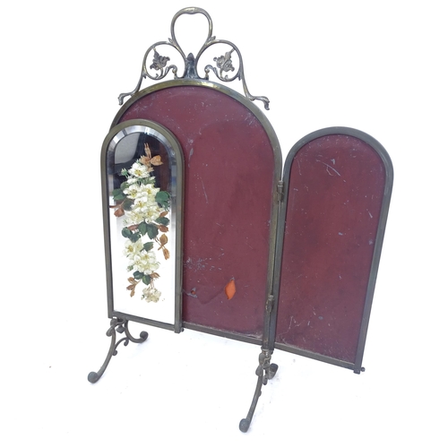 2179 - A brass-framed 3-fold dressing table mirror, with painted floral decoration, H83cm