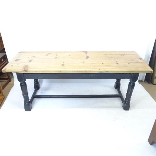 2183 - An Antique fruitwood top dining table, on baluster turned legs, with H-shaped stretcher, L215cm, H78... 