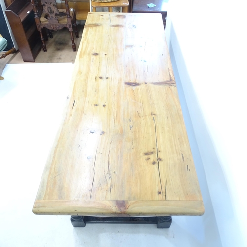 2183 - An Antique fruitwood top dining table, on baluster turned legs, with H-shaped stretcher, L215cm, H78... 