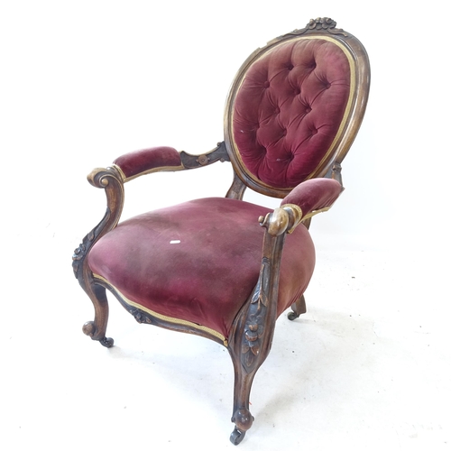 2376 - A Victorian mahogany-framed open armchair, with button-back upholstery