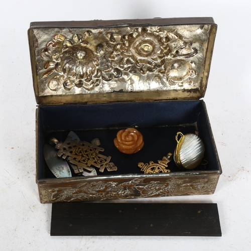 464 - A Japanese antimony chrysanthemum cigarette box, Ethiopian Coptic cross pendant, mother-of-pearl gam... 