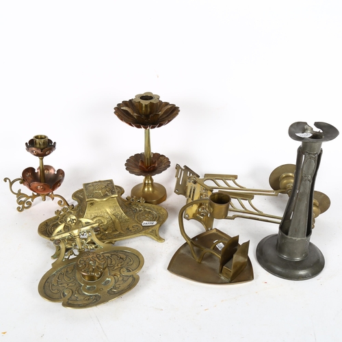 475 - 2 ornate brass desk stands, candlesticks, and piano candle holders