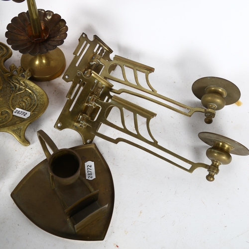 475 - 2 ornate brass desk stands, candlesticks, and piano candle holders