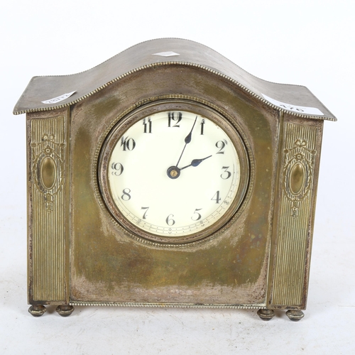 476 - Art Nouveau electroplate dome-top mantel clock with enamel dial, height 17cm