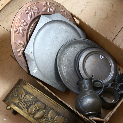 506 - Pewter plates, copper wall plaque etc