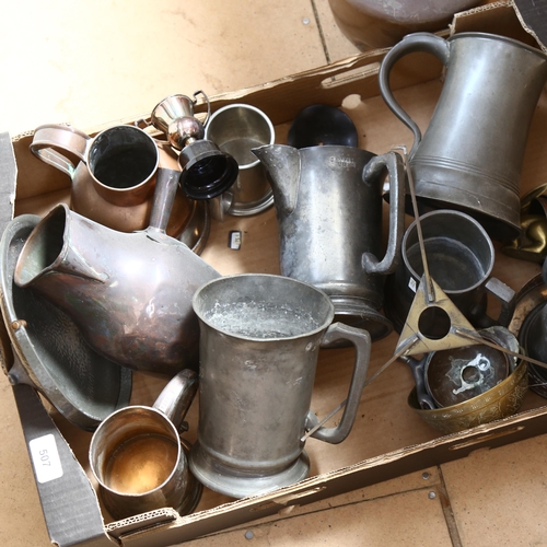 507 - Pewter mugs, copper jugs, kettle etc