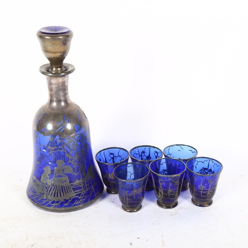 521 - A Continental silvered Vintage blue glass liqueur set, decanter height 22cm