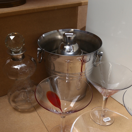 522 - Champagne bucket, cocktail shaker, decanter with silver collar etc