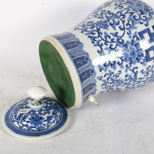 526 - A Chinese blue and white jar and cover converted to a lamp, 38cm overall