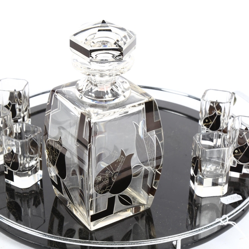 535 - Art Deco glass liqueur set with stylised decoration, on circular chromium plated tray, decanter heig... 