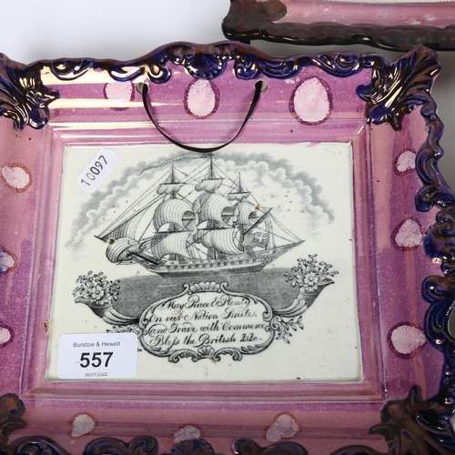 557 - A Victorian Sunderland lustre plaque, 23.5cm across, a similar smaller plaque, and another with desi... 