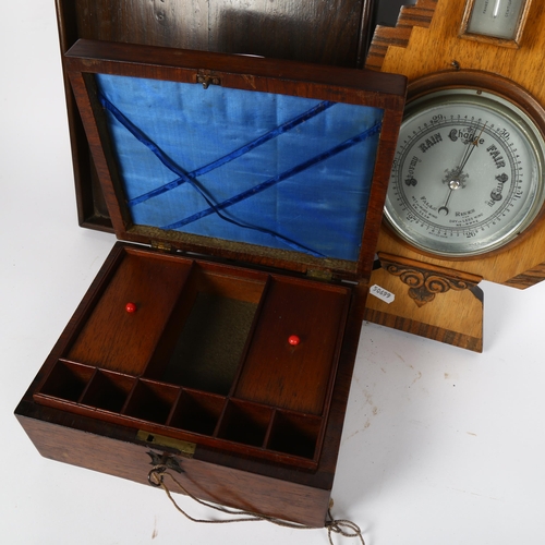 562 - An Art Deco barometer, a tea tray, and a workbox with fitted interior